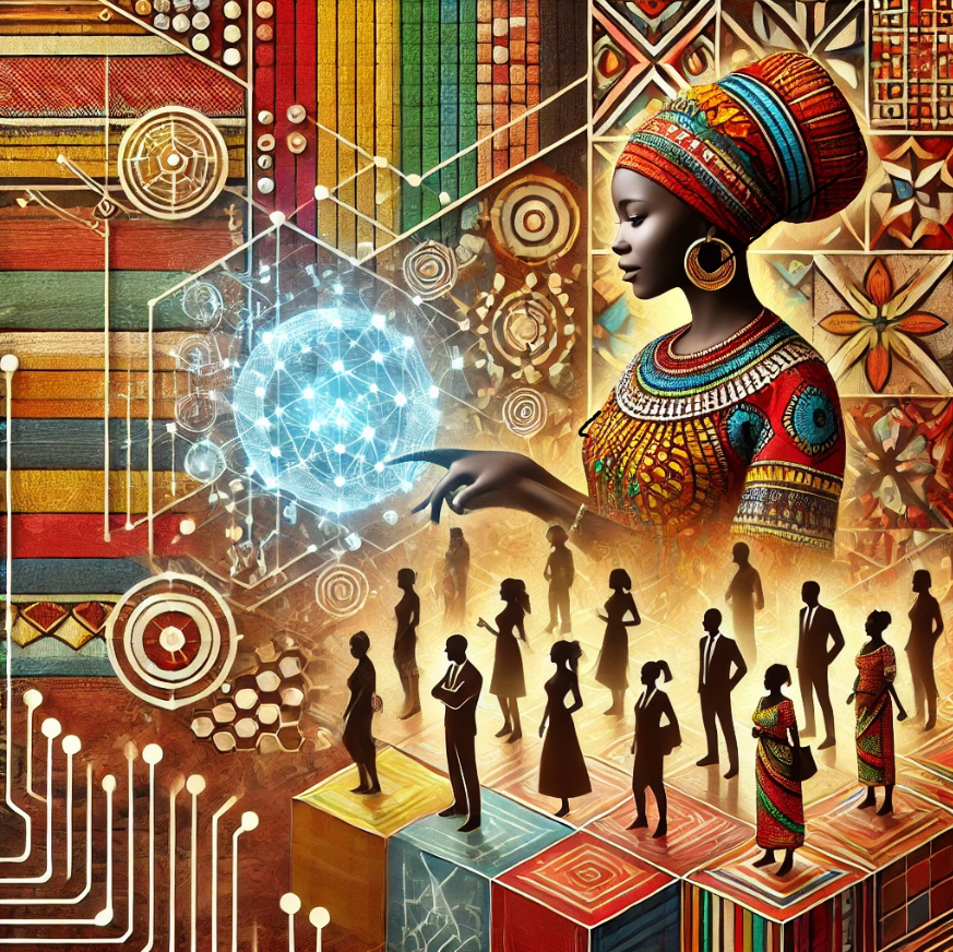 SynqGen AI Vision - African woman with colorful traditional patterns and AI technology visualization